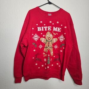 Jerzees Red Gingerbread BITE ME ugly Christmas sweater Size large